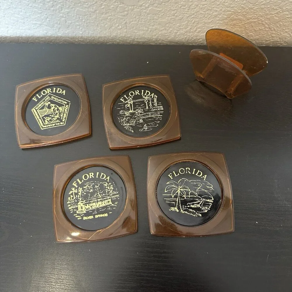 Vintage Amber Plastic Florida Map Souvenir Coasters Made‎ in Hong Kong